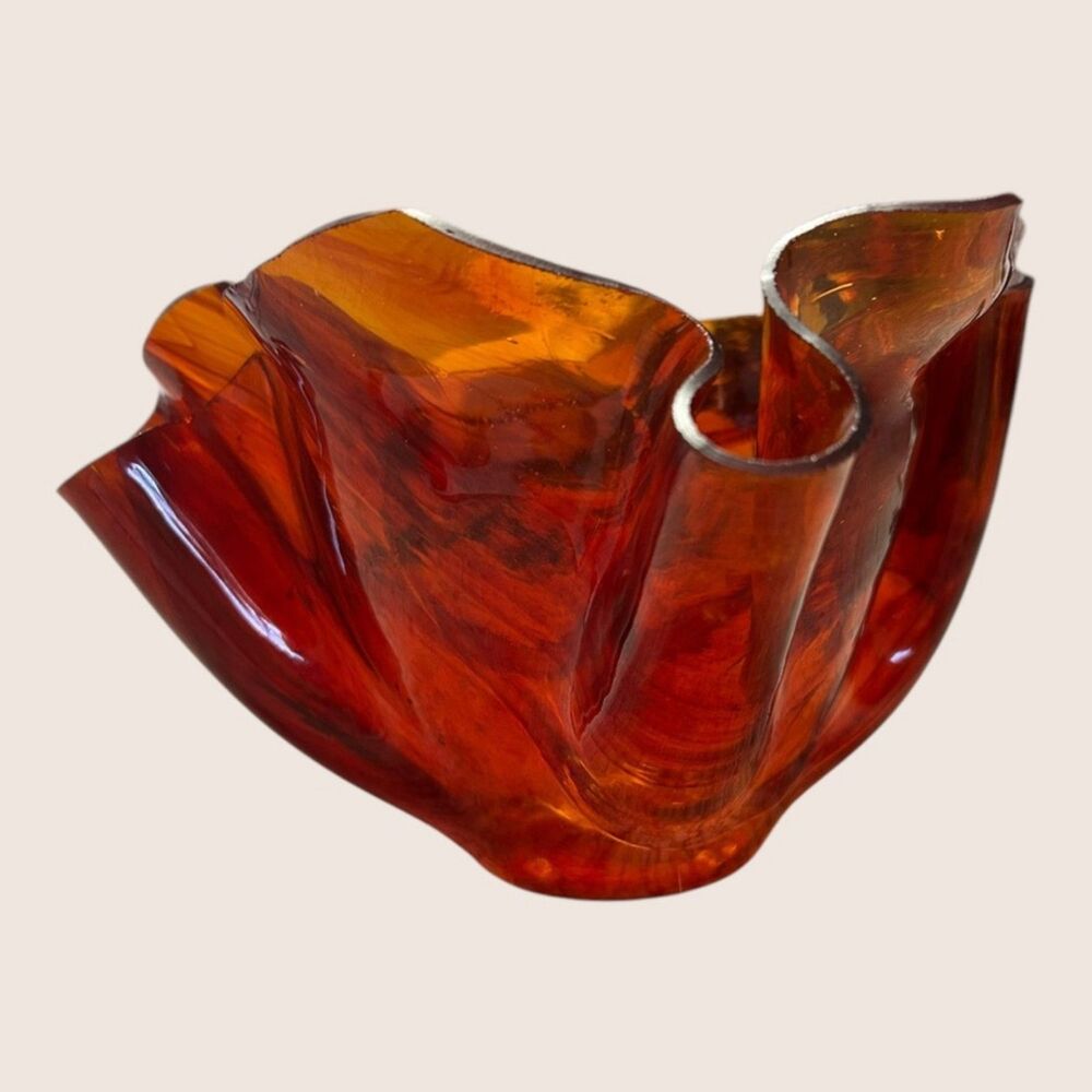 🤎 LUCITE MID CENTURY VINTAGE HANDKERCHIEF VASE BOWL CENTERPIECE TORTOISESHELL